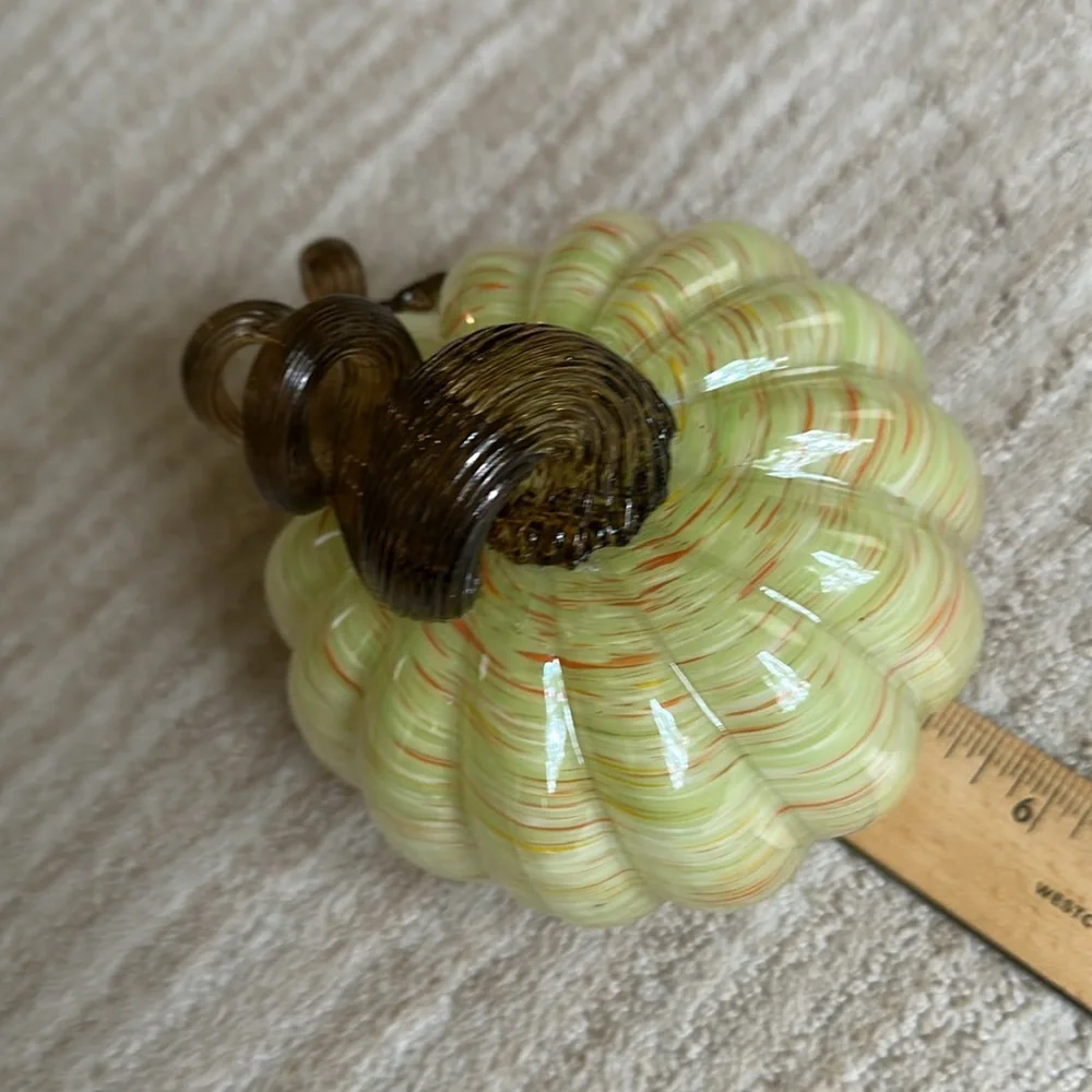 Hand Blown Art Glass Pumpkin Green Orange Flecks Twisted Reeded Clear Stem 5”x4”